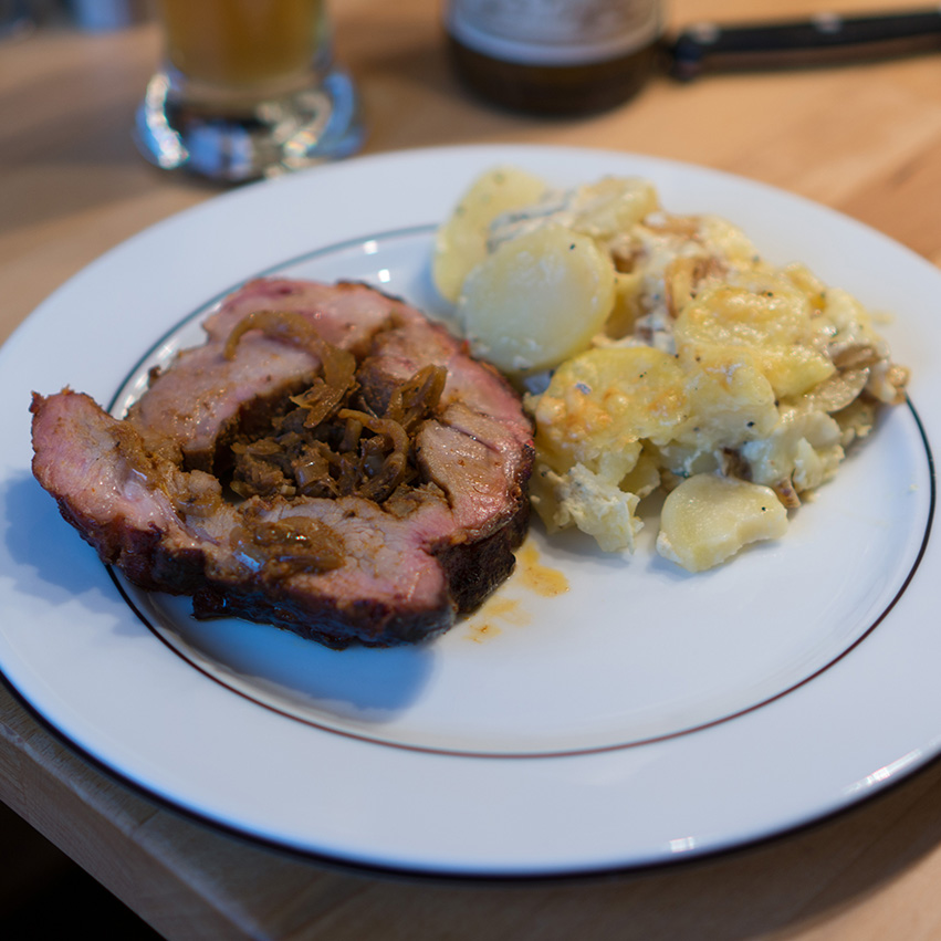 Spießbraten mit Kartoffelgratin